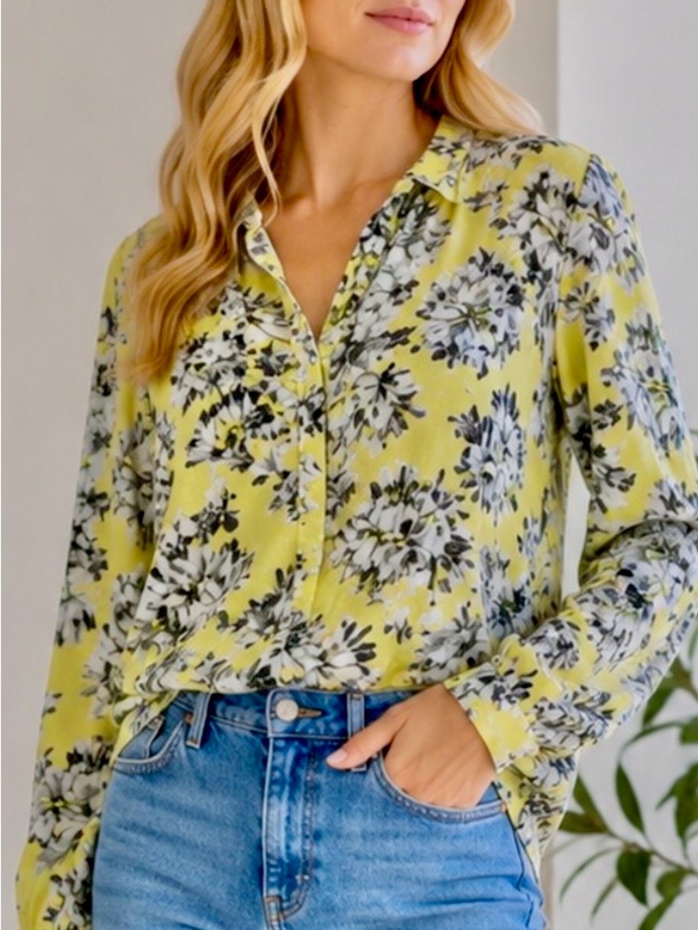 J. Crew Yellow Floral Pop-Over (5) Button-Down Voile Blouse / 10